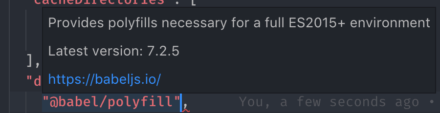 VS Code showing a package summary and its latest version on hover
