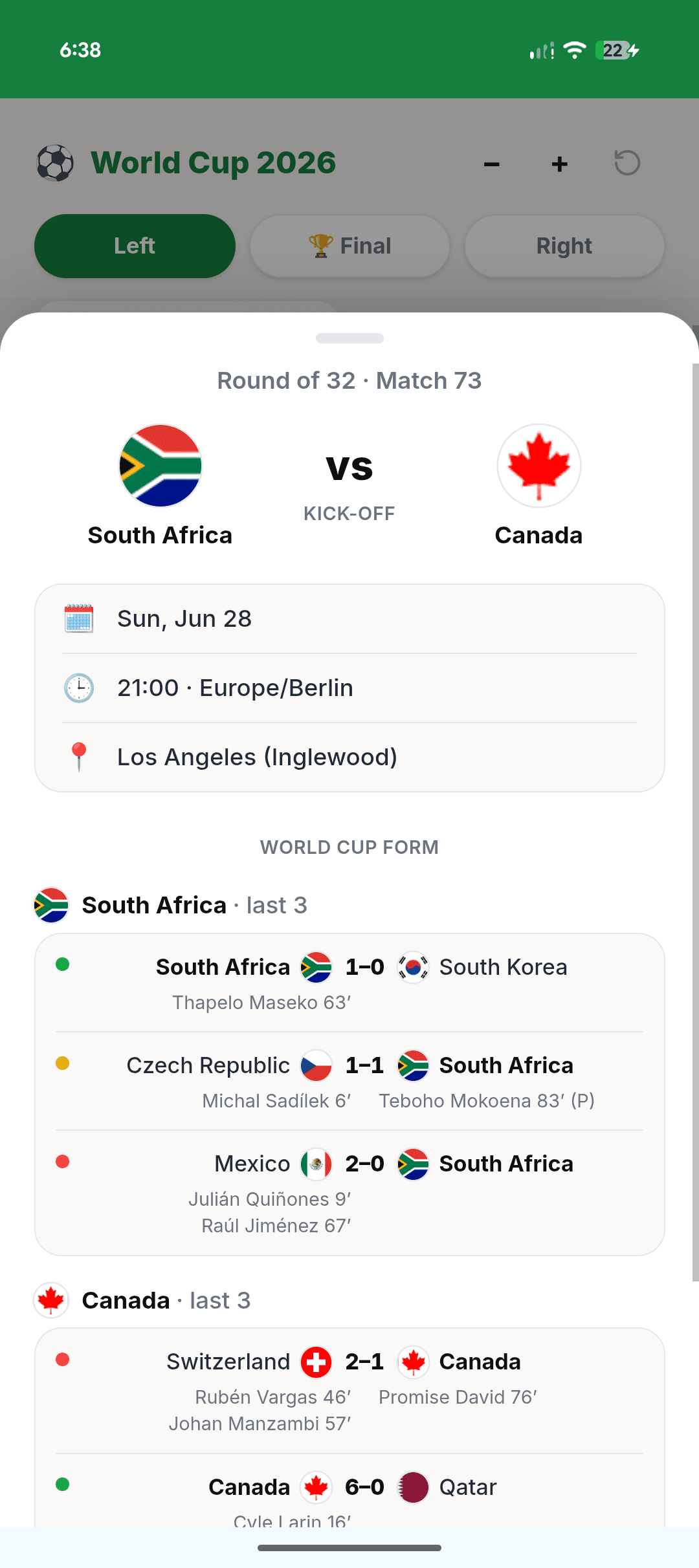Match details with recent form
